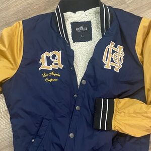 Hollister Navy and Yellow Letterman Jacket